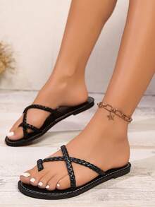 Damen Flache Sandalen, modische Sommer Zehentrenner Sandalen mit Flechtdetails, geeignet für Urlaub und im Alltag - Schwarz - Übersicht 3