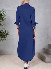 Women's New Button Front Loose Denim Shirt Dress, Denim Long Shirt With Pockets, Machine Washable, Comfortable Fit, Summer Outfits For Women - Màu xanh lam - Xem 4