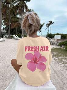 T-shirt oversize pour filles, imprimé avec slogan "AIR FRAIS" et fleur d'hibiscus, accent rétro "Est.2013", coupe ample et décontractée. Idéal pour les vacances à la plage, la rentrée scolaire, les loisirs quotidiens, les tenues d'été - Nude - Voir 7