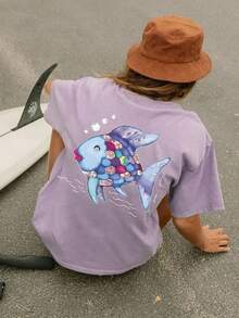 1PC Girls Ocean - Cute Cartoon Fish Print Short Sleeve T - Shirt, Soft & Breathable, Summer Daily Casual Wear - Purple - View 7