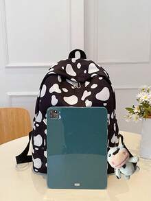 1 pieza Mochila de gran capacidad de uso versátil y multifuncional con compartimento para portátil, estilo clásico y a juego, con estampado de patrón de piel de vaca a todo color, de alta calidad en nylon, con correas ajustables, bolsillos espaciosos, impermeable y con diseño de correa para equipaje - Negro - Ver 5