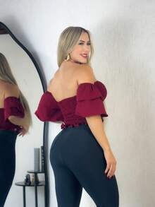 Simple Ruffle Hem Pleated Gathered - Burgundy - View 2