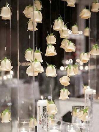 20pcs Champagne Roses + 1 Roll 500cm Transparent String, Wedding Decor Hanging Red Roses, Wedding Decoration Hanging Red Roses Artificial Silk Flowers - For Wedding Arch, Baby Shower, Bridal Shower, Bouquet, Party Centerpiece & Ceiling Decoration - Perfect Gift For Wedding Planners & DIY Enthusiasts Gifts Birthday Graduation Suitable For DIY Wedding Decor, Bridal Shower, Wedding Bouquet, Party Centerpiece, Ceiling Decor Valentine's Day