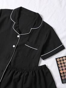 2pcs/Set Plus Size Women's Crinkle Black Solid Color Summer Pajama Set, Short Sleeve Button-Up Shirt And Shorts, Casual Loungewear - Black - View 2