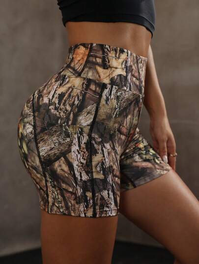 女士时尚多色印花针织休闲裤，带侧袋，休闲短裤