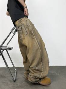 1pc Vintage Distressed Wide Leg Jeans, Loose & Comfortable American Streetwear Fashion, Suitable For All Seasons (Belt And Accessories Not Included) - Bronze - View 4