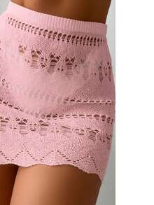 Beach Cover-Up: Lace Crochet Knit Skirt With Elastic Waistband And Adjustable Waistband - Rosa Pálido - Ver 3