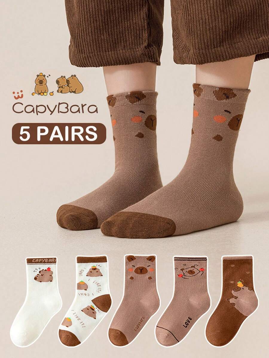 5 Pairs Cute Capybara Children Socks | Cute Capybara Mid-Calf Socks For ...