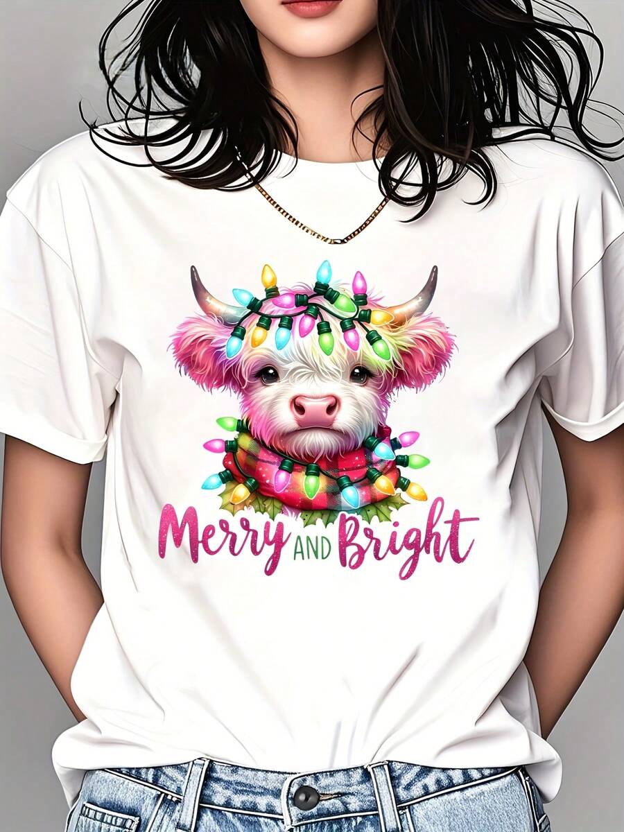 Women T-Shirt Highland Cattle Graphic Print Short Sleeve Tee Cotton Shirt Crew Neck Tee Machine Washable, 220g