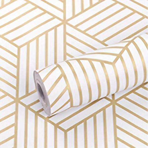Geometric Peel And Stick Wallpaper Gold 17.7In W Self Adhesive Removable Wallpaper For Bedroom/Bathroom Waterproof Modern Contact Paper For Cabinets Gold Contact Paper Shelf Liner