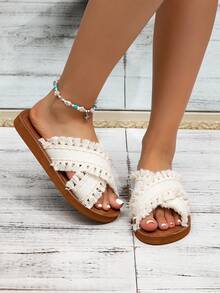 Kate Miuch Women's Original Design Elegant Tassel Flat Sandals In Beige, Suitable For Beach, Sweet And Cute Peep Toe, Breathable And Comfortable, Lightweight For Holiday, Ideal For Party, Banquet And Casual Occasions