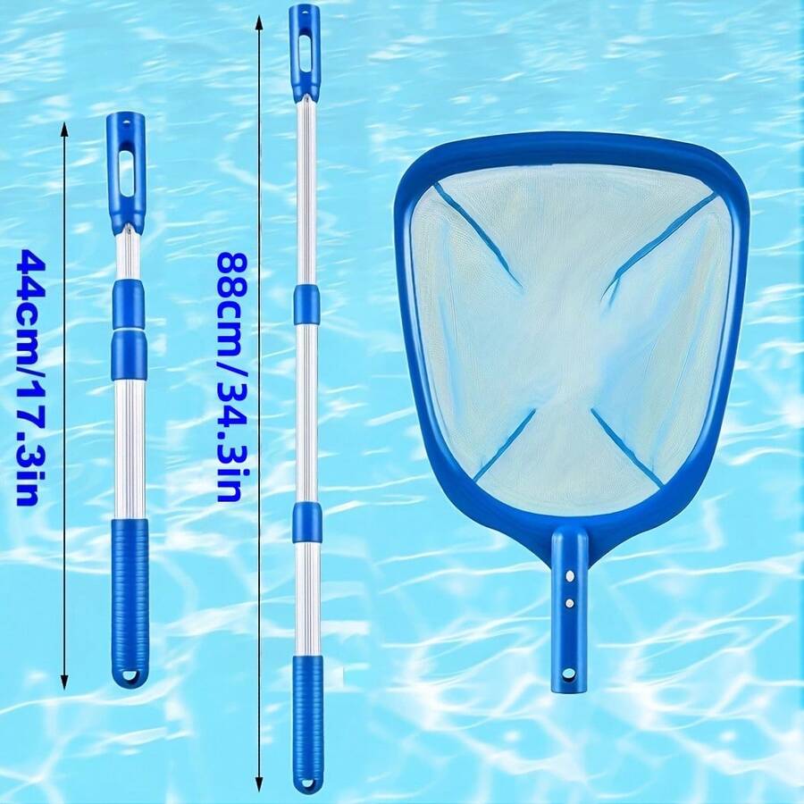 3-Section Adjustable 17"-35" Aluminum Telescoping Handle Pool Surface Skimmer Net Set, Fine Mesh Deep Bag Leaf Catcher Cleaner For Pool Maintenance - Blue - View 1