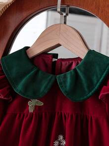 Girls' Vintage/Velvet Dress, Floral Embroidered Butterfly Contrast Color Peter Pan Collar Loose Dress, Sweet Princess Style For Spring/Autumn, Suitable For Family Gathering, Christmas Party, Special Occasion, Daily Wear - Màu Đỏ Sâu - Xem 4