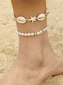 2pcs Set Ocean Beach Holiday Style Beaded Boho Minimalist Color Block Shell Handmade Anklets For Women, Beach Resort Wear