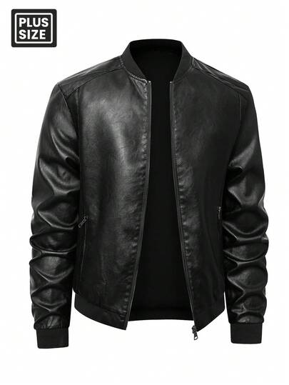 Plus Size Men Long Sleeve Faux Leather Jacket With Zipper Pockets, Fashion Zip Up Bomber Jacket, Baseball Collar, Suitable For Spring And Autumn
