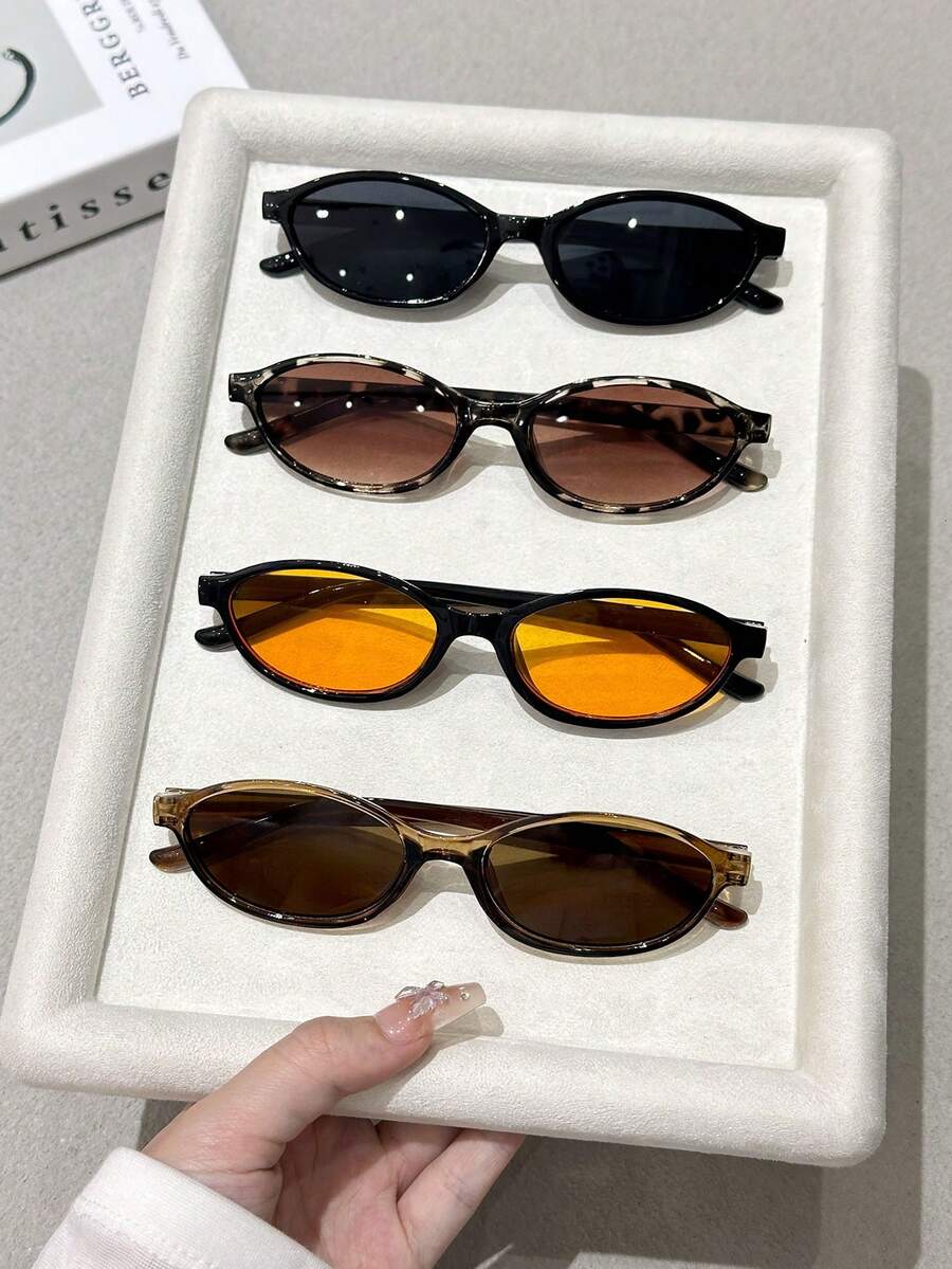 4pcs Colorful Plastic Geometric Full Frame Personalized Design Women's Fashion Fashion Glasses, Suitable For Holiday Gifts, Club Summer Music Festivals, Tropical Beach Vacations, Carnivals, Aesthetic Family Outings, Fashion Accessories, Oval - 4 loại trà đen, xám, cam, trắng, hoa đậu, trà đen kết hợp - Xem 1