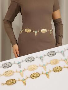 1pc Women's Metal Filigree Western Style Retro Floral Cowgirl Adjustable Fashion Decorative Waist Belt, Suitable For Casual Summer Use, Christmas Gift For Girlfriend Summer, School Fall, Autumn, Halloween - Gold - View 6