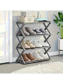 1pc Space-Saving Stackable & Foldable Plastic Shoe Rack, 4-Tier, For Entryway, Hallway, Bedroom And Dorm, Black X Design, No Assembly Required