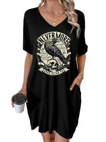 Edgar Allan Poe's 'Nevermore' Raven And Skull Emblem Summer Dresses For Women Casual Sundress Beach Pocket Loose Plus - 黑色 - 查看 1