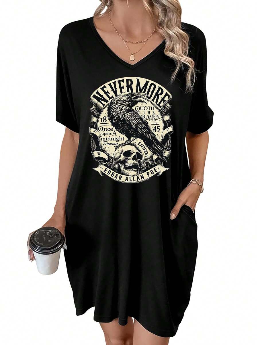 Edgar Allan Poe's 'Nevermore' Raven And Skull Emblem Summer Dresses For Women Casual Sundress Beach Pocket Loose Plus - 黑色 - 查看 1