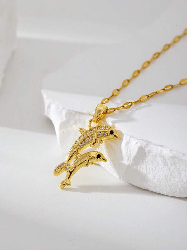 1pc 18K Gold Plated Pisces Necklace With Dolphin And Koi Fish Pendant, Girlfriend, Valentine's Day And Birthday Gift For Her