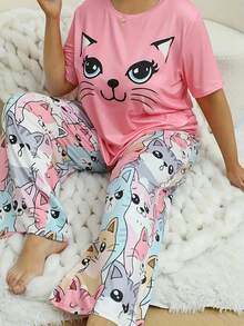 3-Piece Plus Size Cartoon Cat Round Neck Short Sleeve Pajama Set - Nhiều màu - Xem 6