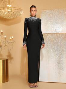 新款优雅女士修身加厚绷带长裙，立领喇叭袖设计，奢华珍珠点缀，高开衩长款绷带裙，适合女士婚礼、度假、派对、正式场合穿着。 - 黑色 - 查看 2
