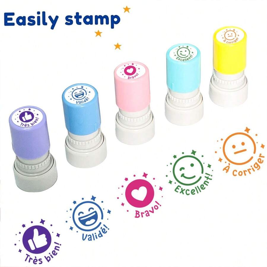 5 Colors Mood Expression Office Rubber Stamps, Stamp Set, Vibrant Color Stamps For Homework, Classroom Encouragement, Grading Assignments, Emotion Expression Stamps For Office Stationery