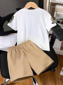 Ensemble t-shirt à manches courtes et short imprimé lettres pour garçons pré-adolescents - Kaki - Voir 2
