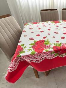 Toalha de Mesa em Tecido Oxford Para Mesas de 4 ou 6 Cadeiras Estampadas Casa e Decoração - flor vermelha - Visão 9