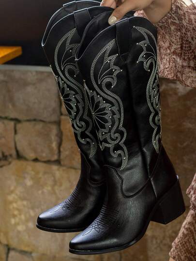 Botas estilo western con bordado y remaches diseño clásico de media caña con plataforma y tacón grueso retro y a la moda cowboy boots suela antideslizante