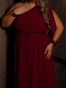 Women's Long Dress One Sleeve Plus Size With Slit And Opening On The Sleeve Elegant - Redwood - View 5