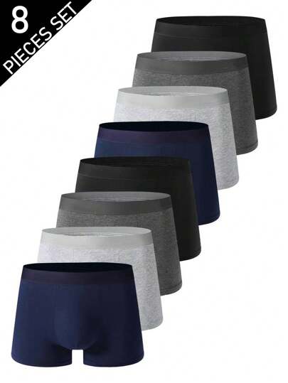 8pcs/Pack Men's Solid Color Cotton Briefs, Including Men's Boxer Briefs And Men's Trunks