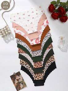 10条装女士无痕内裤，柔软舒适低腰三角裤，豹纹性感内衣 - 彩色 - 查看 3