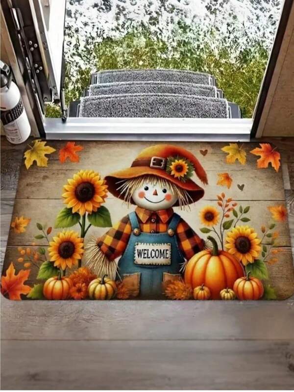 1 stuk Thanksgiving vogelverschrikker deurmat, herfst welkomstmat met pompoenen en zonnebloemen, voor entree, woonkamer, badkamer, slaapkamer, studeerkamer, binnenkleed, antislip, wasbaar kleed, badkleed, huisdecoratie, woonkamerdecoratie, woondecoratie, herfstdecoratie, Halloweendecoratie, Thanksgiving decoratie, pompoendecoratie, herfstthema, seizoensgebonden deurmat, decoratieve deurmat