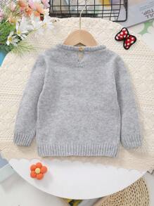 Women's Knitted Crew Neck Sweater With Cute Cat Pattern - Grey - View 7