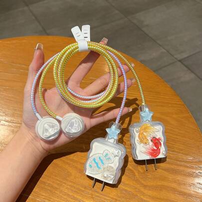 Set de 5 protectores de cargador con diseño de pez de dos colores, se ajusta a cargadores rápidos de 18W/20W con enchufe estadounidense, organizador de cables, cable de datos anti-doblado, funda protectora de TPU para el cargador de Ultra, S8, S9, S5, S6, S7, SE