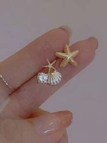 1對可愛、甜美、優雅的滴油白貝殼和海星和鑽石裝飾的海灘主題耳環,高級女士禮品珠寶 - 彩色 - 查看 15
