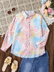 Bluse mit Makaron-Färbung und Streublumen-Musterung aus Leinen, vielseitig einsetzbares, locker sitzendes, leichtes, bedrucktes Hemd für Frauen