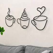 [Luxury Iron Art Wall Hanging Art] 1pc/3pcs Modern Black Metal Coffee Cup Wall Hanging Art, Graphic Pattern Sculpture, Cultural Theme Wall Hanging Decoration, Suitable For Living Room, Dining Room Background, Indoor Use - Luxury Iron Art Wall Hanging Art Room Decor Bedroom Decor Home Decor Wall Decor - Black - View 3