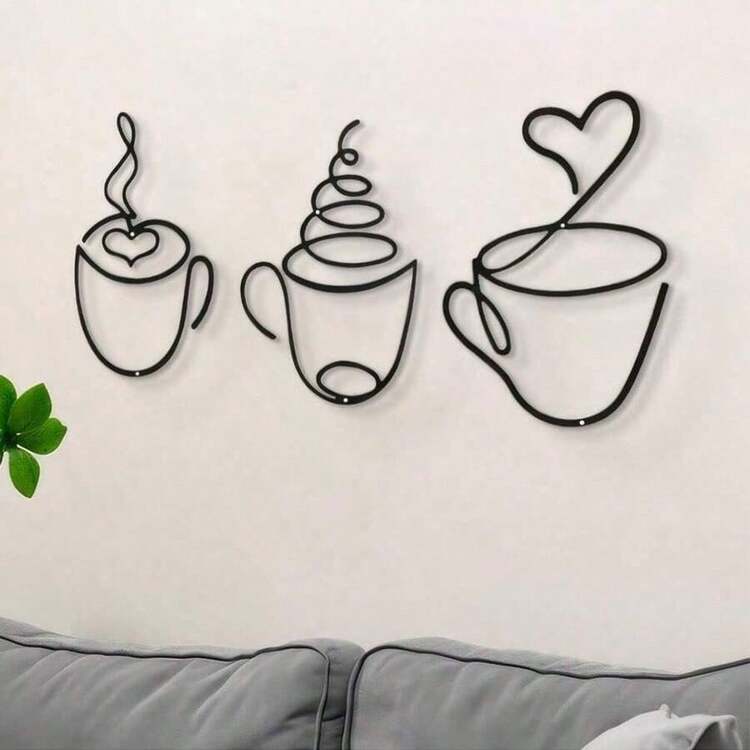 [Luxury Iron Art Wall Hanging Art] 1pc/3pcs Modern Black Metal Coffee Cup Wall Hanging Art, Graphic Pattern Sculpture, Cultural Theme Wall Hanging Decoration, Suitable For Living Room, Dining Room Background, Indoor Use - Luxury Iron Art Wall Hanging Art Room Decor Bedroom Decor Home Decor Wall Decor - 黑色 - 查看 3