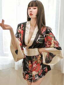 Japanese Style Pajamas Floral Print Cosplay Costume, Satin Pajamas With Belt, Women's Sexy Lingerie And Underwear - 黑色 - 查看 5