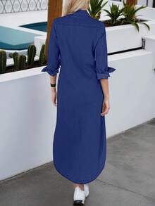 Women's New Button Front Loose Denim Shirt Dress, Denim Long Shirt With Pockets, Machine Washable, Comfortable Fit, Summer Outfits For Women - Màu xanh lam - Xem 2