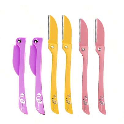 眉毛修剪器，6 件套不锈钢折叠剃须刀，便携式折叠手柄带图案剃须刀美容工具、化妆、便宜、房间装饰、梳妆台、旅行、卧室、化妆配件、眉毛剃须刀