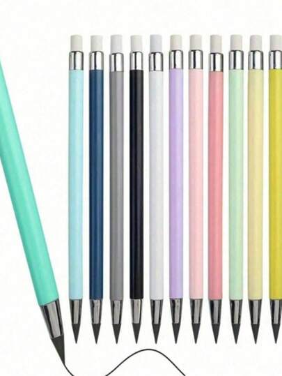 Set de 12 lápices negros borrables con tecnología, lápices permanentes de colores macarons HB, con leads irrompibles, que no se desvanecen, sin necesidad de afilar, escritura interminable, tecnología avanzada, con borrador de goma, adecuado para la escuela y la oficina, colores macarons, estilo casual, diseño creativo, de vuelta a la escuela, colores y estilos aleatorios