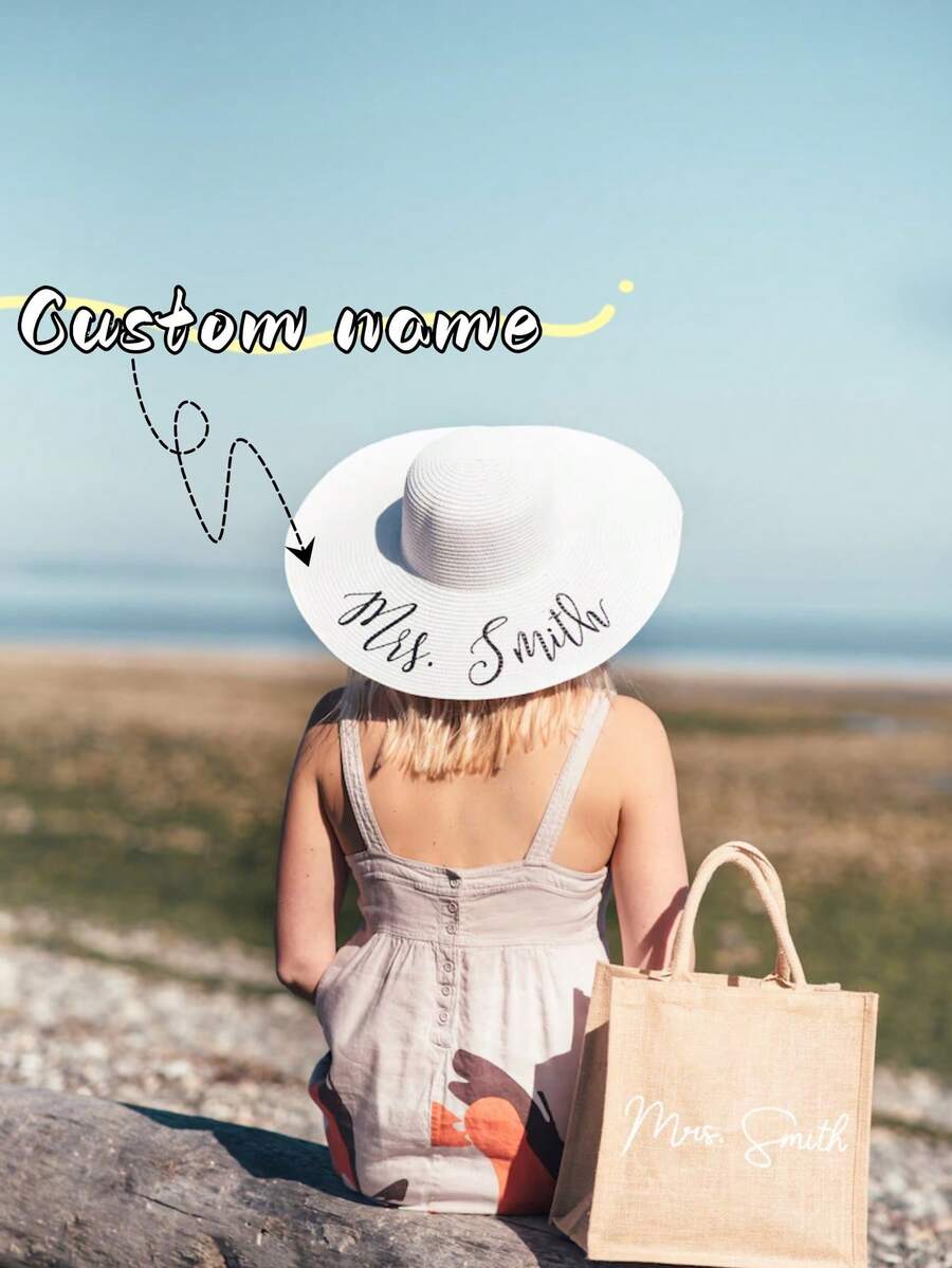 Customized Embroidered Text Sun Hat, Bachelorette Party Hat, Bridal Shower Gift, Soft Brim Beach Hat, Honeymoon Gift. A Personalized Beach Straw Hat Is A Lovely Honeymoon Gift For The Bride, Can Be A Gift For The Bridal Shower, And Can Also Be Customized With Her New "Mrs." Surname - Or Given To All Bridesmaids At A Bachelorette Party, It Will Definitely Stand Out! They Can Also Be Customized With Any Other Words/Phrases. - Multicolor - View 1