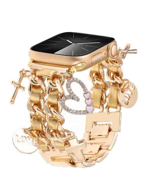 1 Stück Goldenes Herz Doppelkette Lederarmband mit Liebesanhänger Metall Armband 38/40/41/42mm 42/44/45/46/49mm kompatibel mit Apple Watch Ultra 2/SE/10/9/8/7/6/5/4/3/2/1