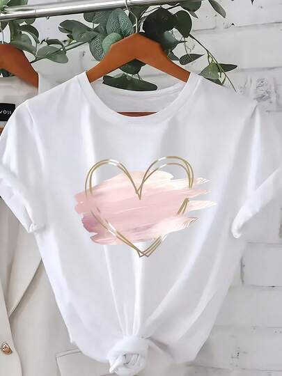 Plus Size T-Shirt With Pink Heart Print, Casual Round Neck Short Sleeve Top