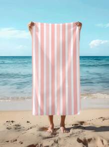 1pc Simple Line Pattern Beach Towel, Multi-Size Soft Absorbent Striped Beach Towel, Suitable For Travel, Vacation, Sport, Bathroom, Pool And Camping, Modern Knitted Travel Towel With Strong Water Absorption - Pink - View 2
