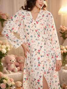 Damska sukienka-szlafrok w kwiaty – długi rękaw, dekolt w serek, miękka koszula nocna do domu i na jesień
